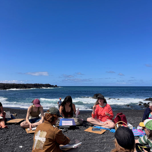Group of people sitting on a black sand beach with ocean and blue sky in the background